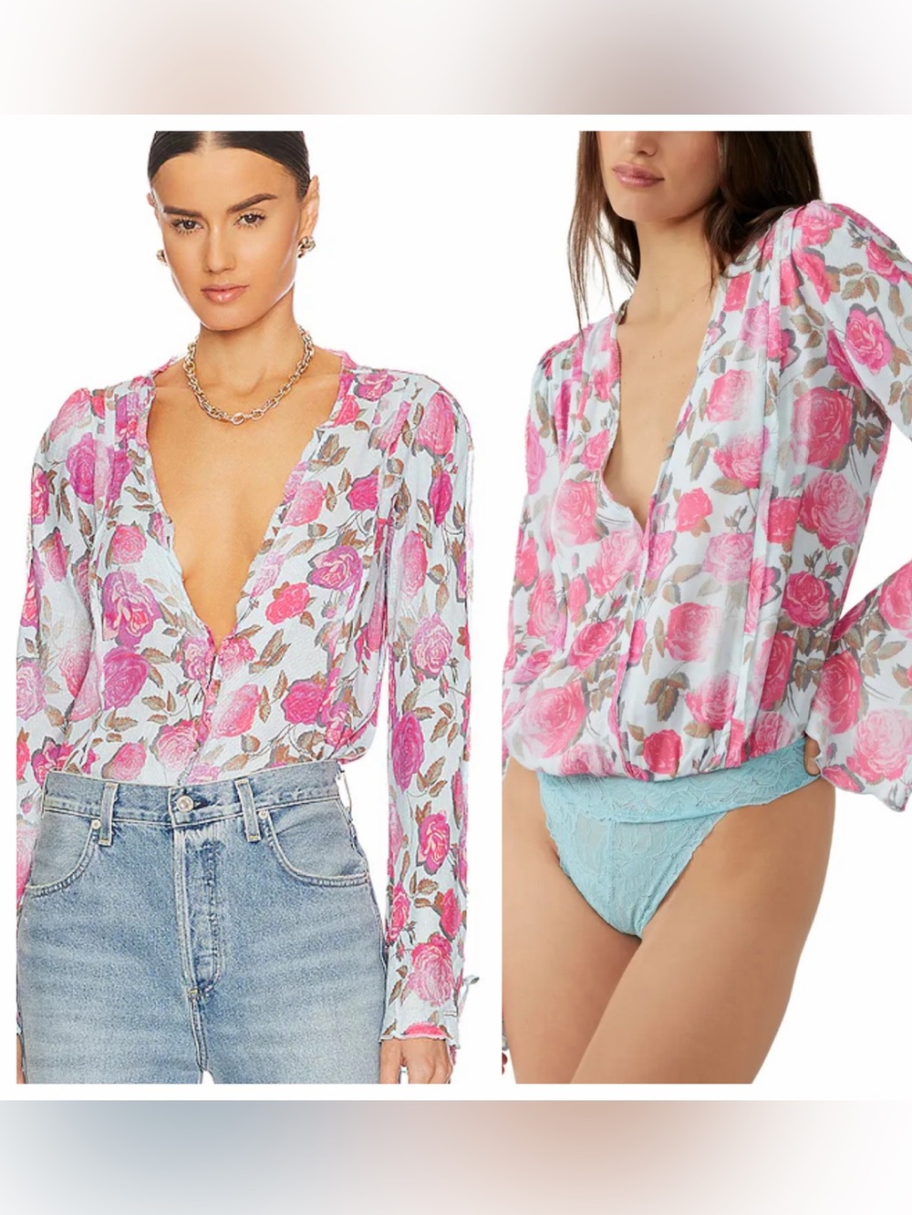 NWT Intimately Free People Everything’s Rosy Bodysuit‎ in Icy Blue/ Pink Small